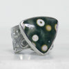 Triangle ocean jasper ring in polished silver setting, handmade by Roff Jewellery