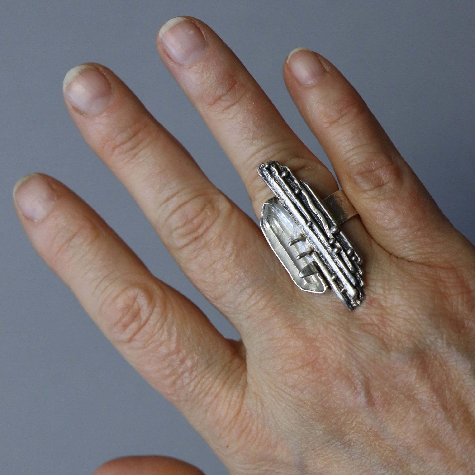 organic shapes silver ring for women, clear crystal gemstone, rough silver, handmade by roff