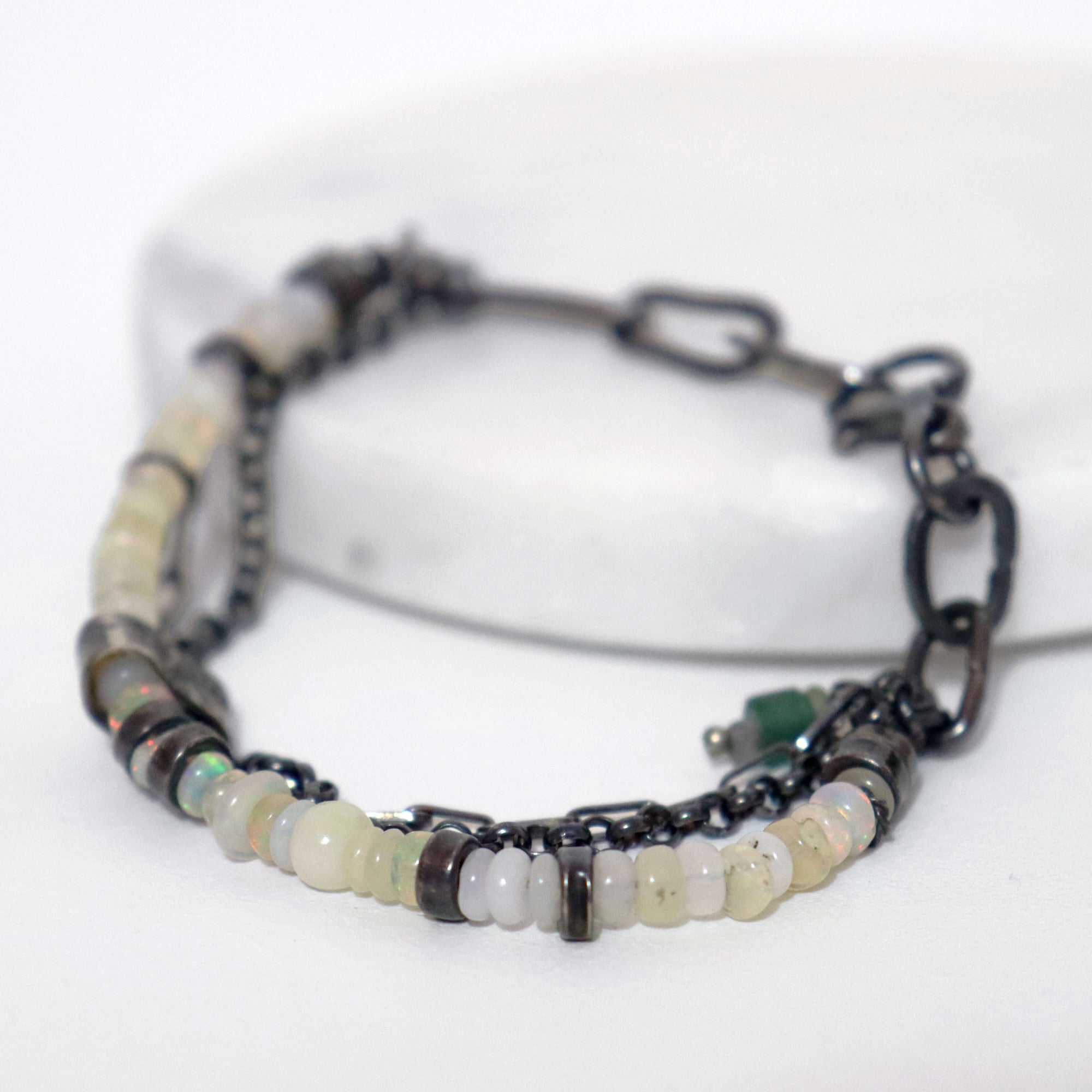 alternative fashion, bohemian bead bracelet, dark silver linkk bracelet with opal , handmade by roff jewelry