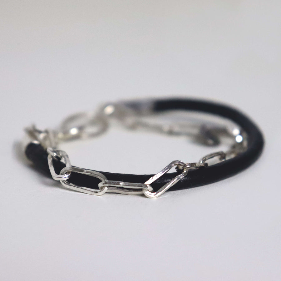 sterling silver link chain and leather bracelet with textured finish