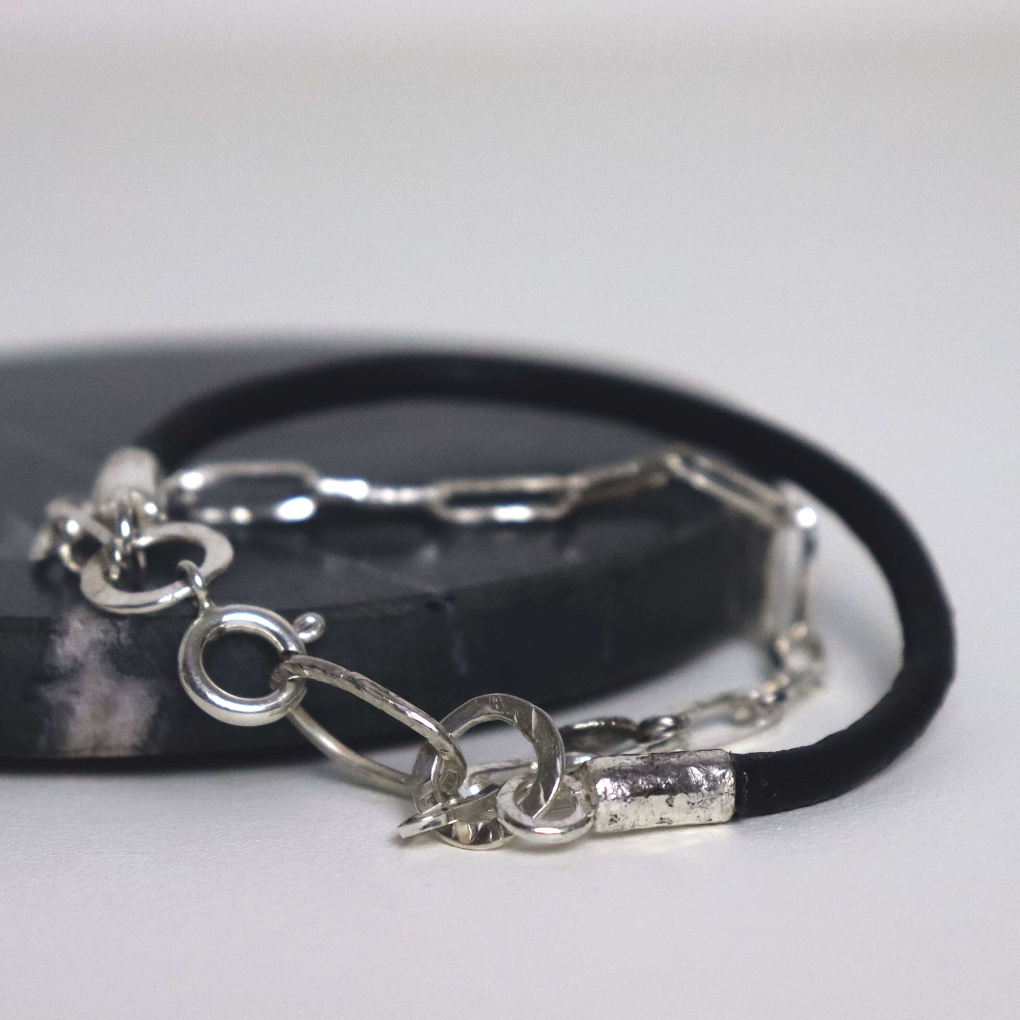 Handmade silver and black leather bracelet – chunky and bold