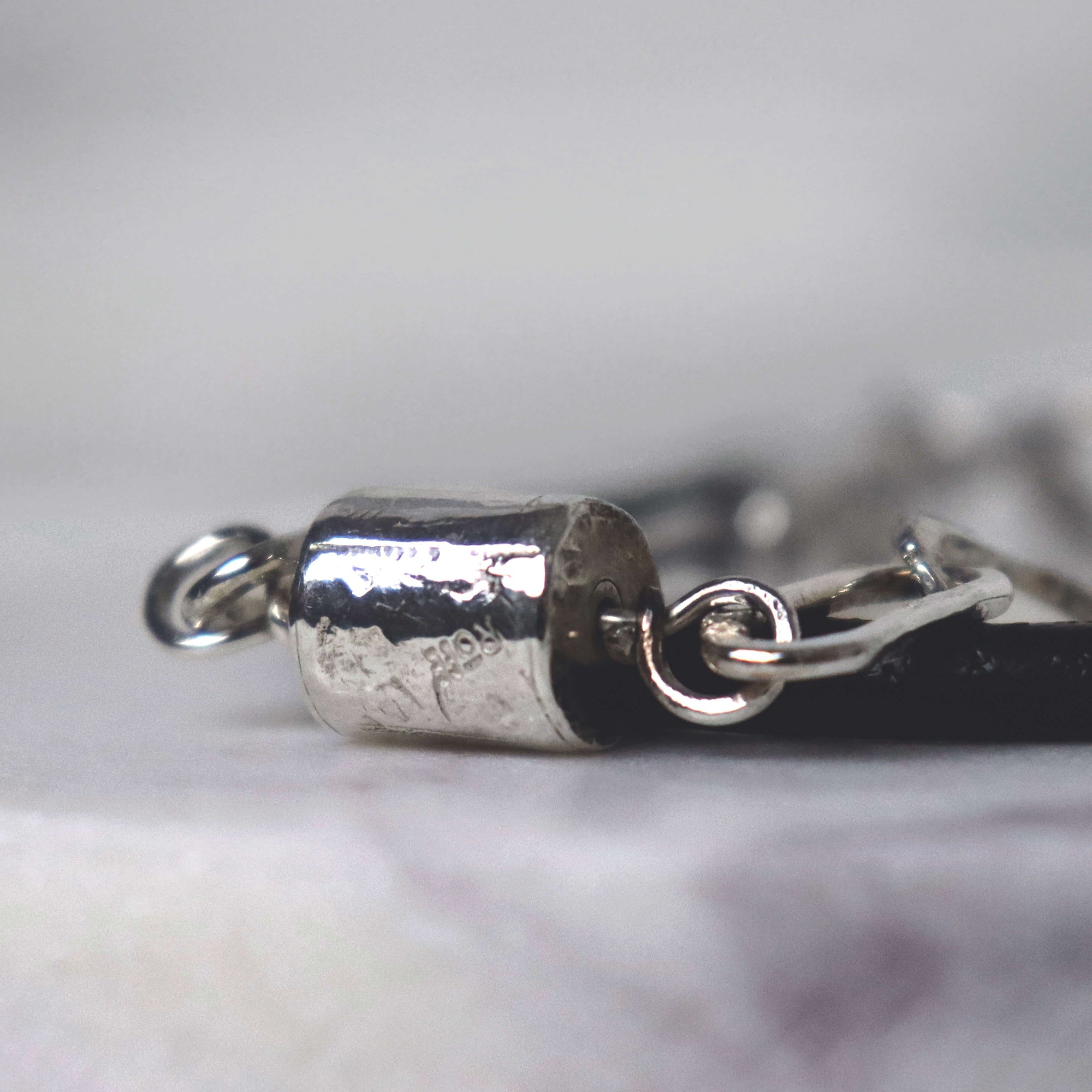 Unique textured silver bead with stamped ROFF mark, handmade link bracelet