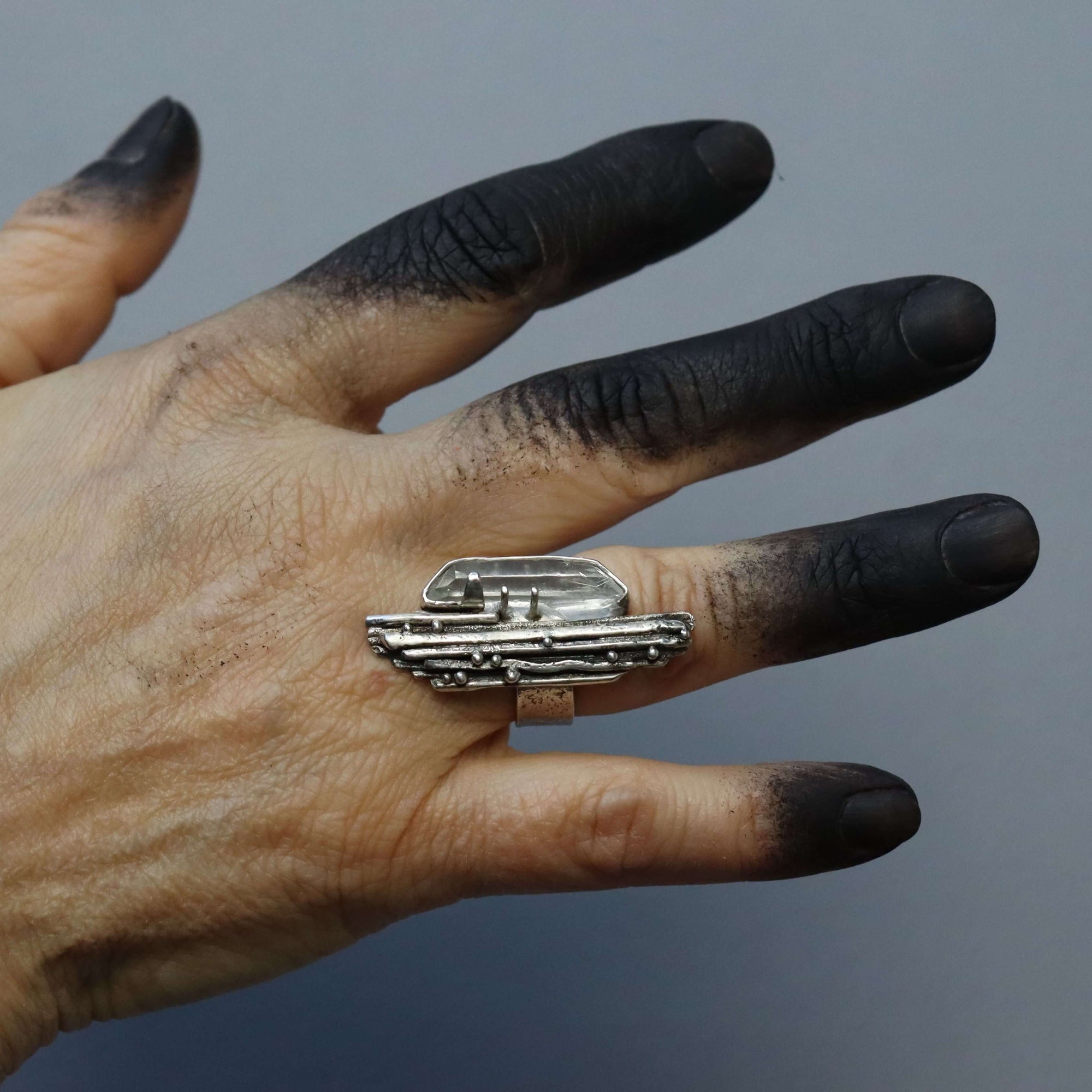Sculptural silver ring , rough silver and rock crystal, handcrafted by roff