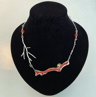 Silver branche shaped necklace with red accents for women. handcrafted by Roff jewellery