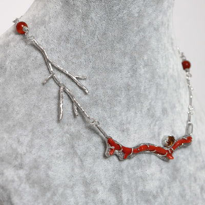 silver necklace with twig shaped pendant, vintage coral, carnelian beads, orange zircon gemstone, handcrafted by roffjewellery.com