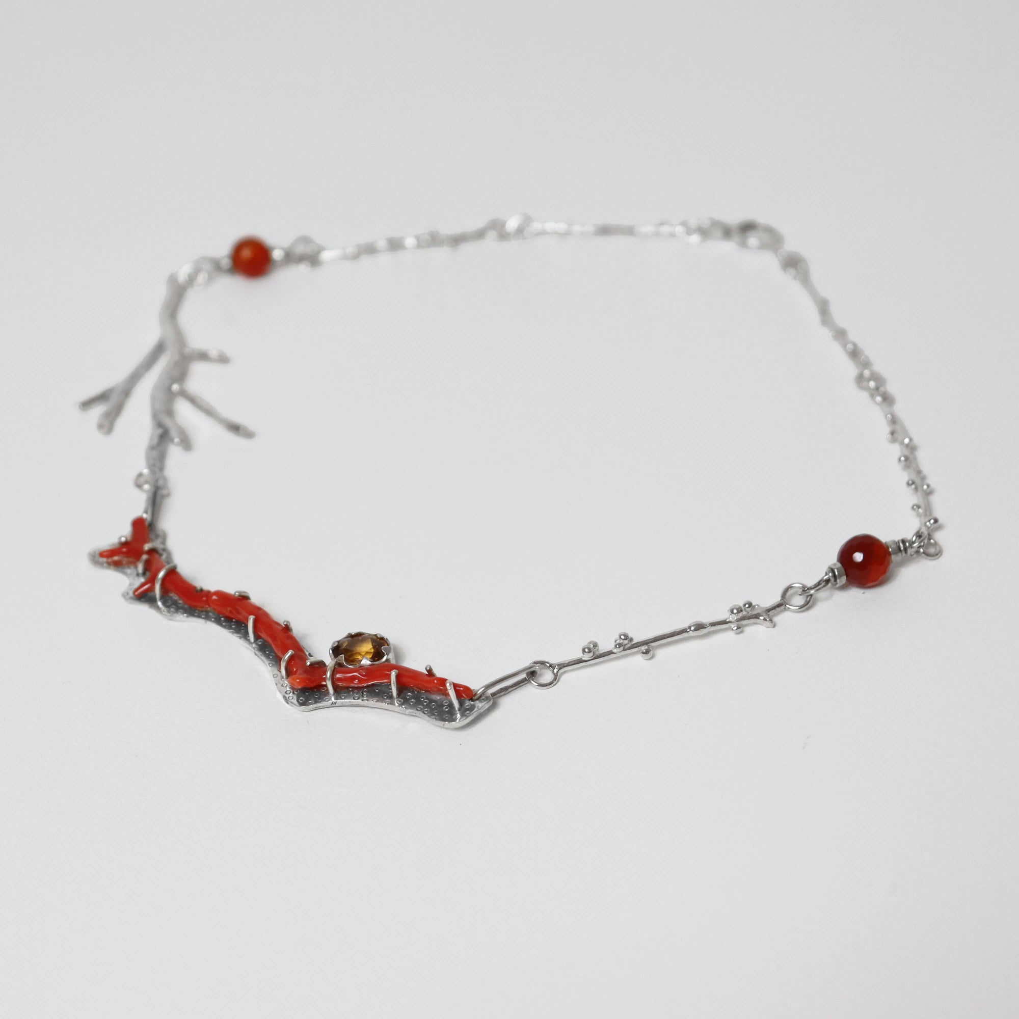 silver sculptural necklace, inspired by the ocean with vintage coral,artisan made silver links, faceted zircon,artistic necklace by roff