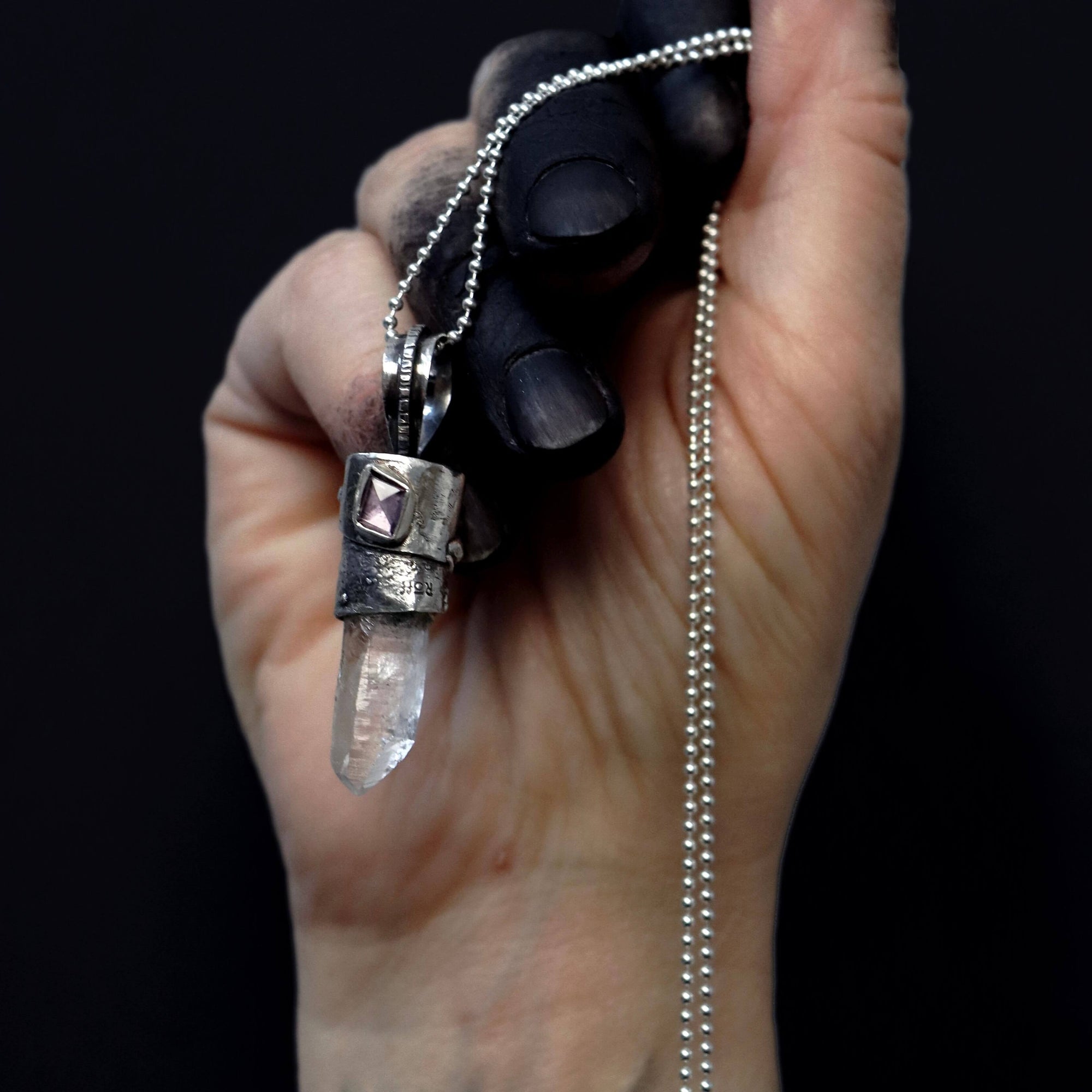 gothic rock crystal pendant on a silver chain, handcrafted by roff jewellery