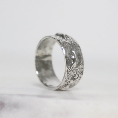 Fat texture sterling silver ring by Roff Jewellery featuring molten silver nodules and contrasting dark textured areas