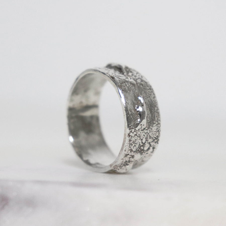 Fat texture sterling silver ring by Roff Jewellery featuring molten silver nodules and contrasting dark textured areas