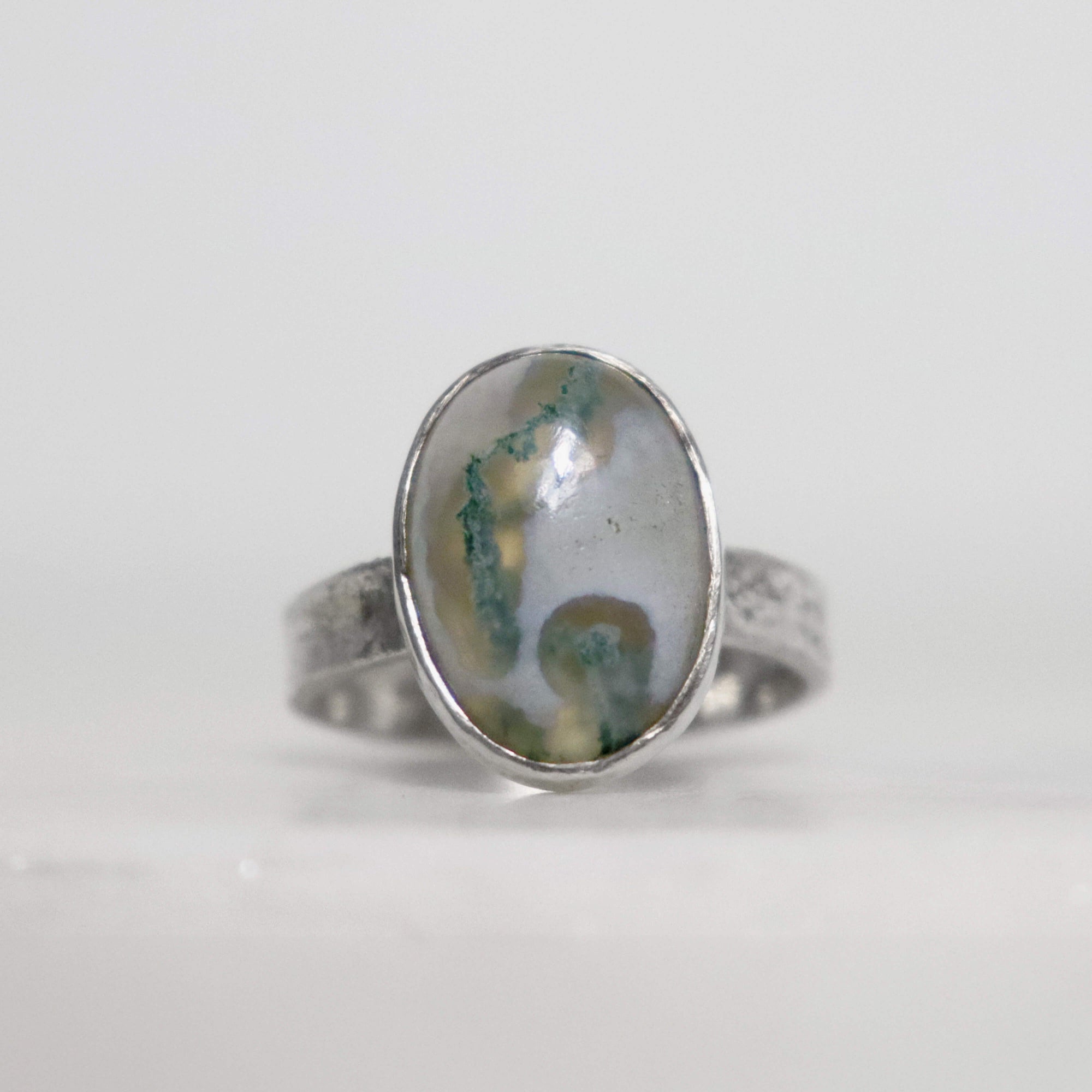 Handmade silver ring with oval solar quartz gemstone, in Roff style