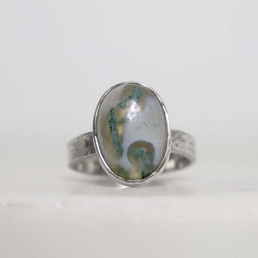 Handmade silver ring with oval solar quartz gemstone, in Roff style