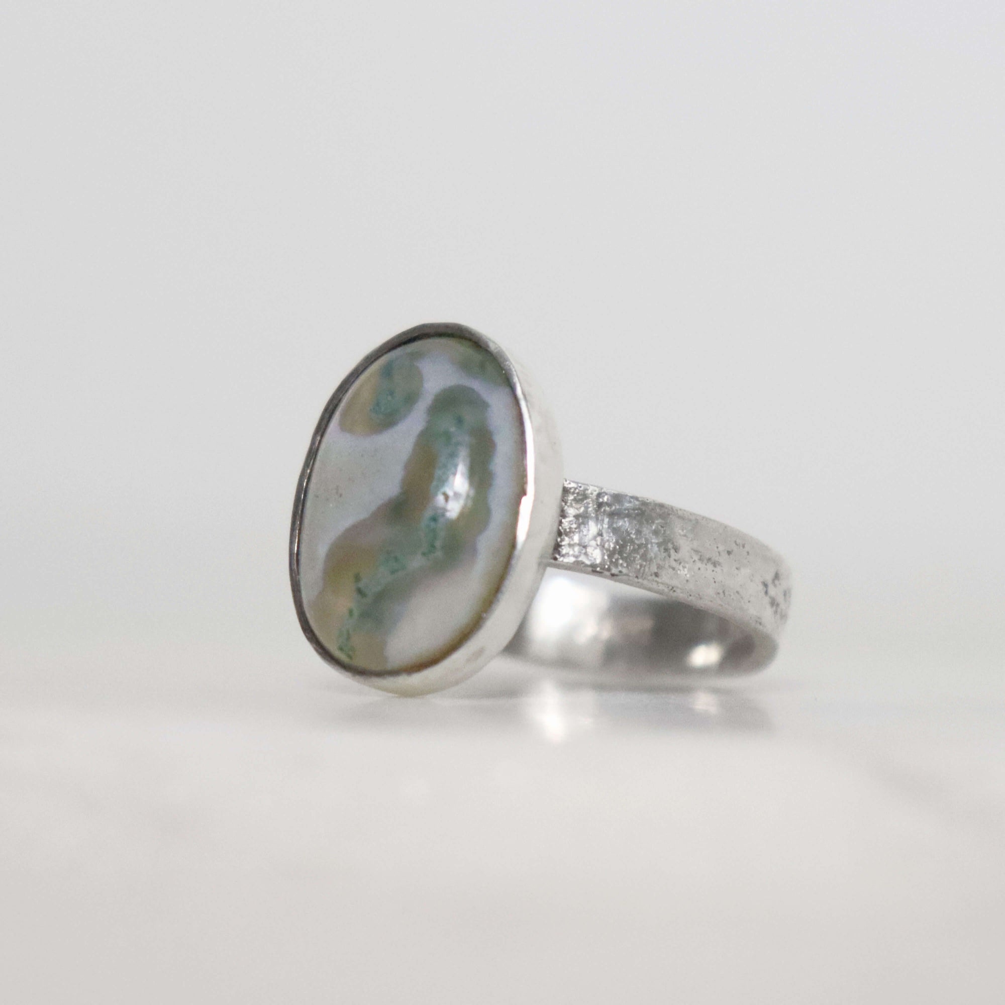 solar quartz ring with translucent inclusion, handmade by roff