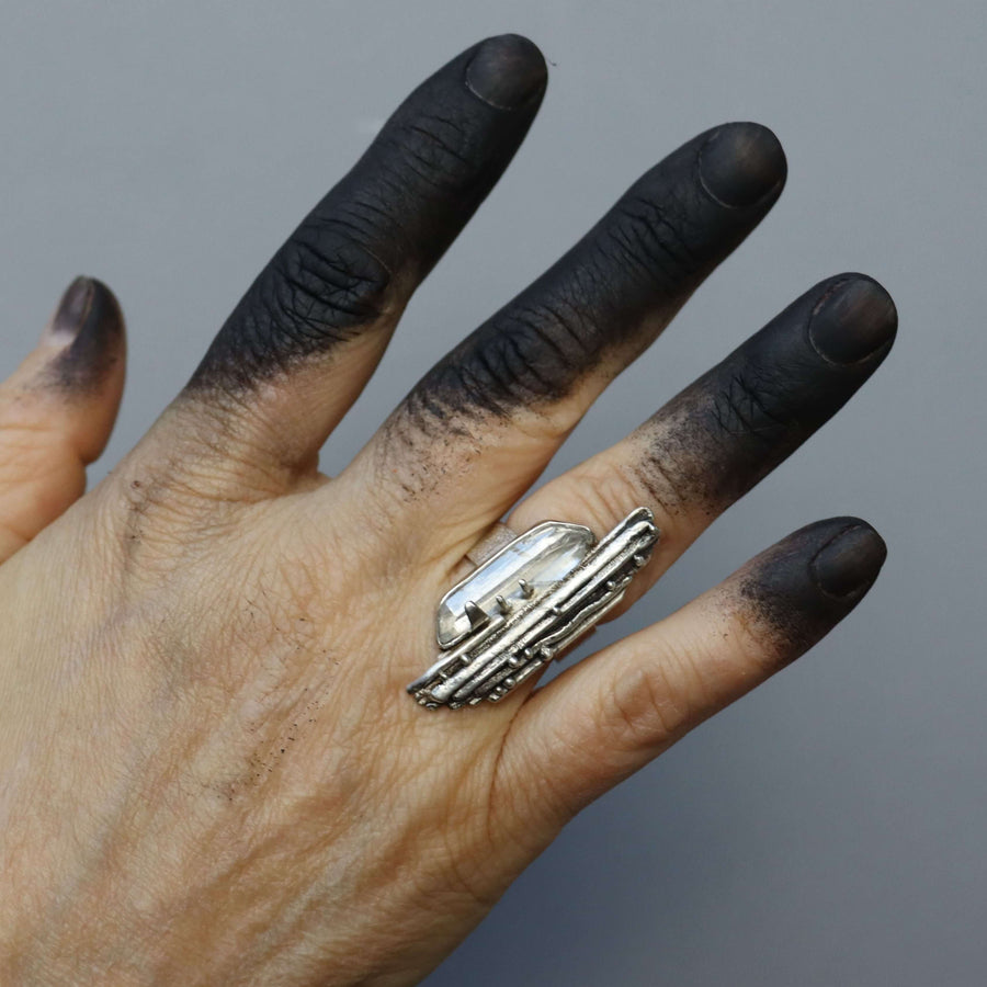 unusual crystal ring, organic shapes, brutalist silver ring, by roff