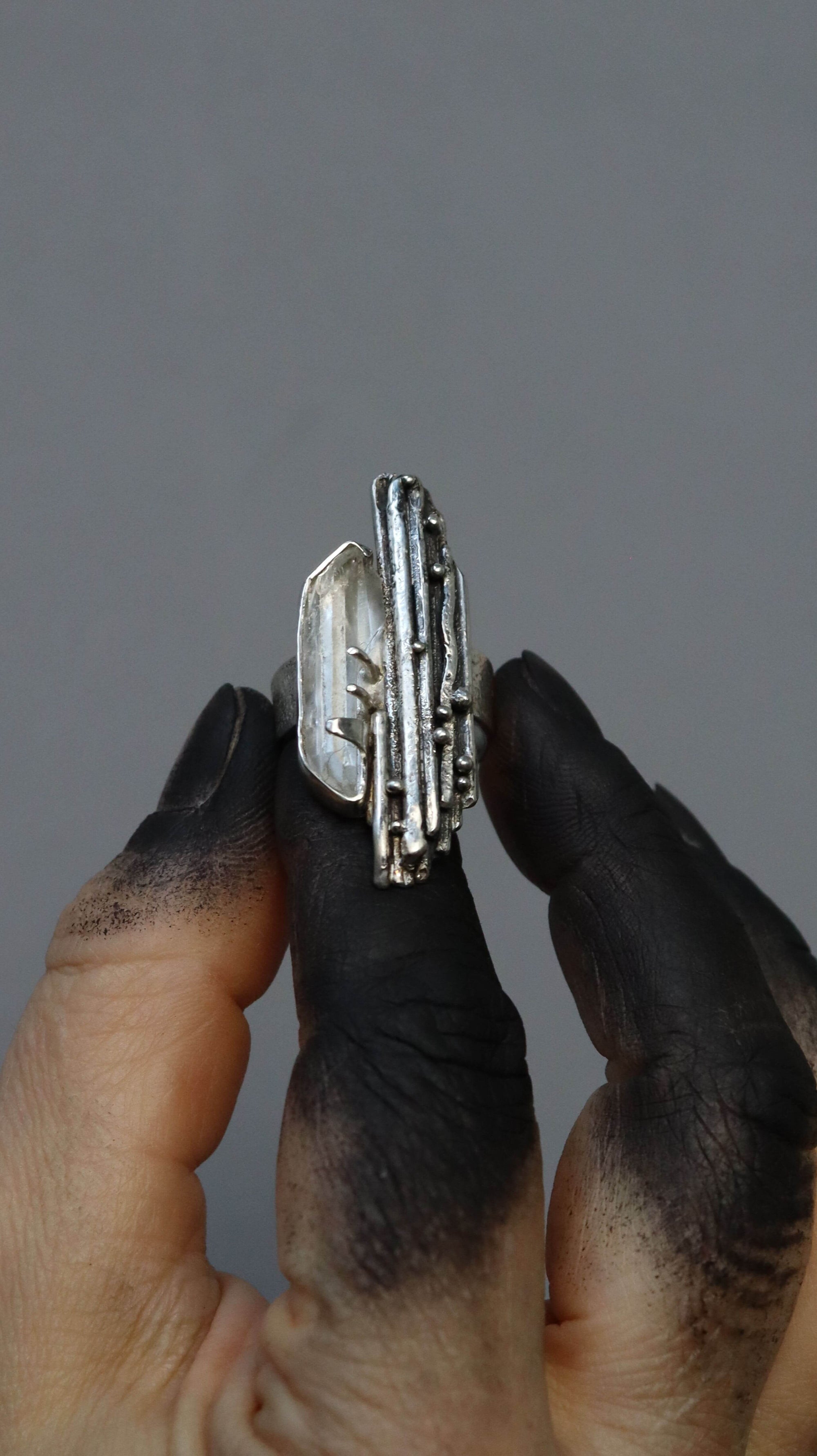 Sculptural silver ring , rough silver and rock crystal, handcrafted by roff