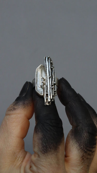 Sculptural silver ring , rough silver and rock crystal, handcrafted by roff