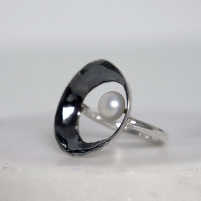 handmade silver ring, oxidized with pearl, modern elegant edgy, smooth silver, by roff jewellery