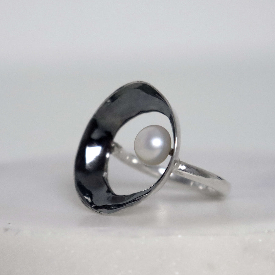 handmade silver ring, oxidized with pearl, modern elegant edgy, smooth silver, by roff jewellery 