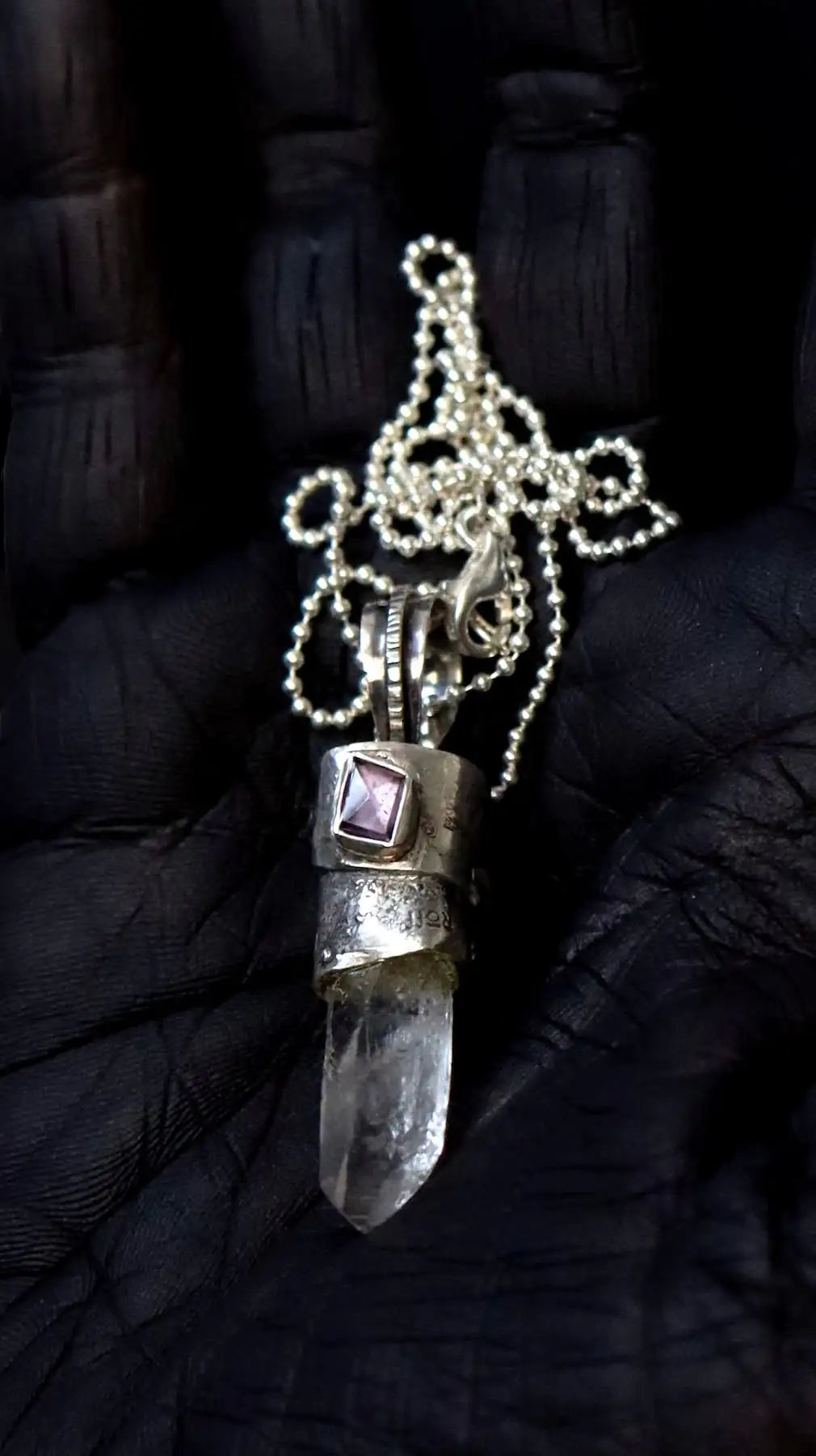 silver necklace set with crystal beryl pendant hand covered in black soot