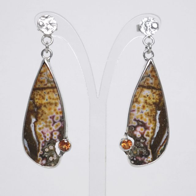 silver dangle earrings ocean jasper and orange sapphire gemstones by roff
