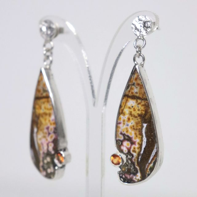 textured silver drop earrings with gemstones, elegant handmade earrings by roffjewellery.com