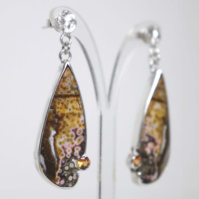 unique silver teardrop ocean jasper earrings with orange sapphires, handcrafted by roff jewellery
