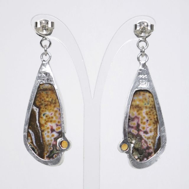 One-of-a-kind silver earrings featuring natural ocean jasper and orange sapphire, handmade by roff
