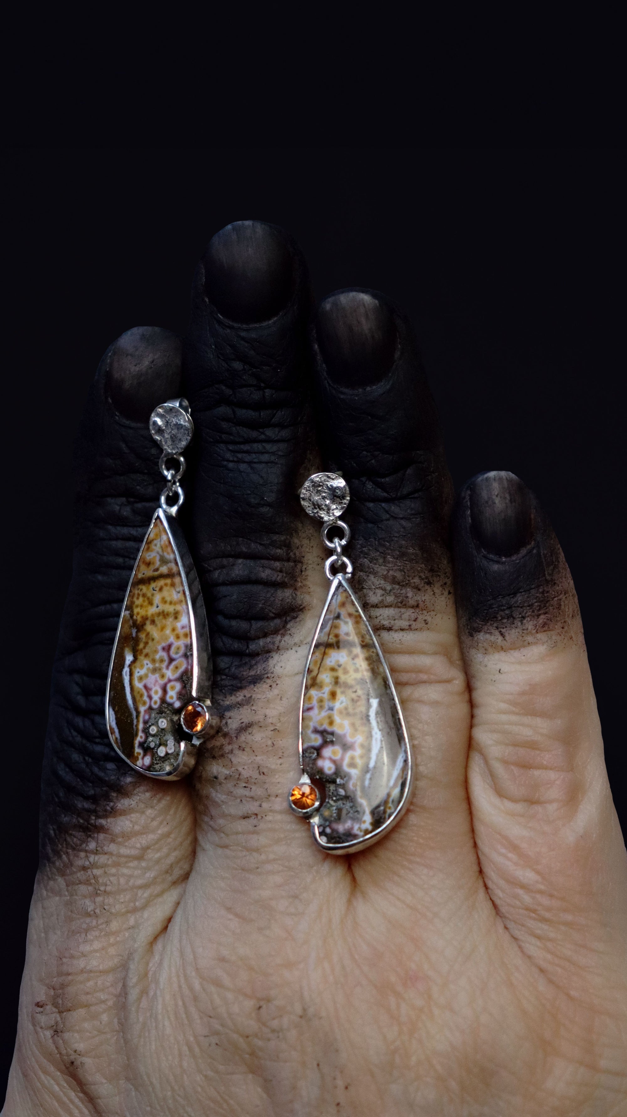 Teardrop ocean jasper earrings with faceted orange sapphire detail, artisan jewelry,by roff jewellery