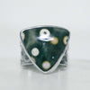 big ring with green precious stone, round circle adornments, fabricated by hand by Roff Jewellery, picture jasper