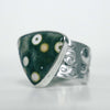 chunky silver ring, green jasper gemstone with speckles of yellow and white, stand out designer ring by Roff Jewellery