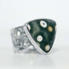 Unique gemstone ring, ocean jasper jewelry, dark green stone with white and yellow dots, one of kind by Roff Jewellery