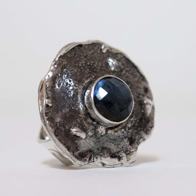 Bold silver ring with molten texture, stylish design, labradorite jewelry, handcrafted modern look by Roff Jewellery