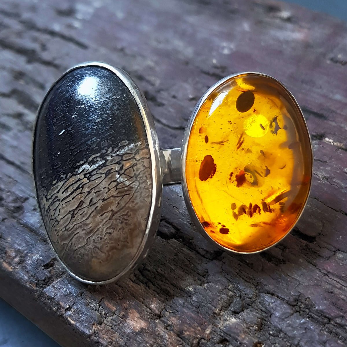 open front silver ring black and brown dinosaur bone stone and baltic amber stone, handmade by roff