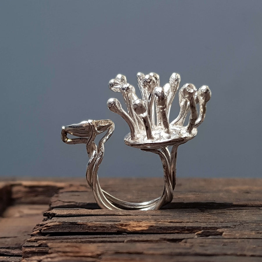 sea anemone ring, silver abstract chunky ring, unique design, handcrafted by roff jewellery