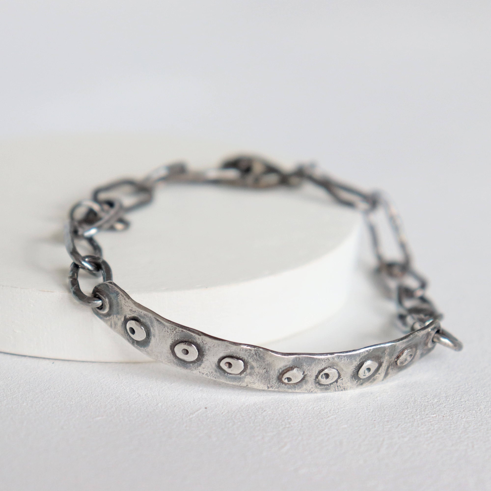 sterling silver bar bracelet with dark antique finish, hammered silver links, handmade  by roff