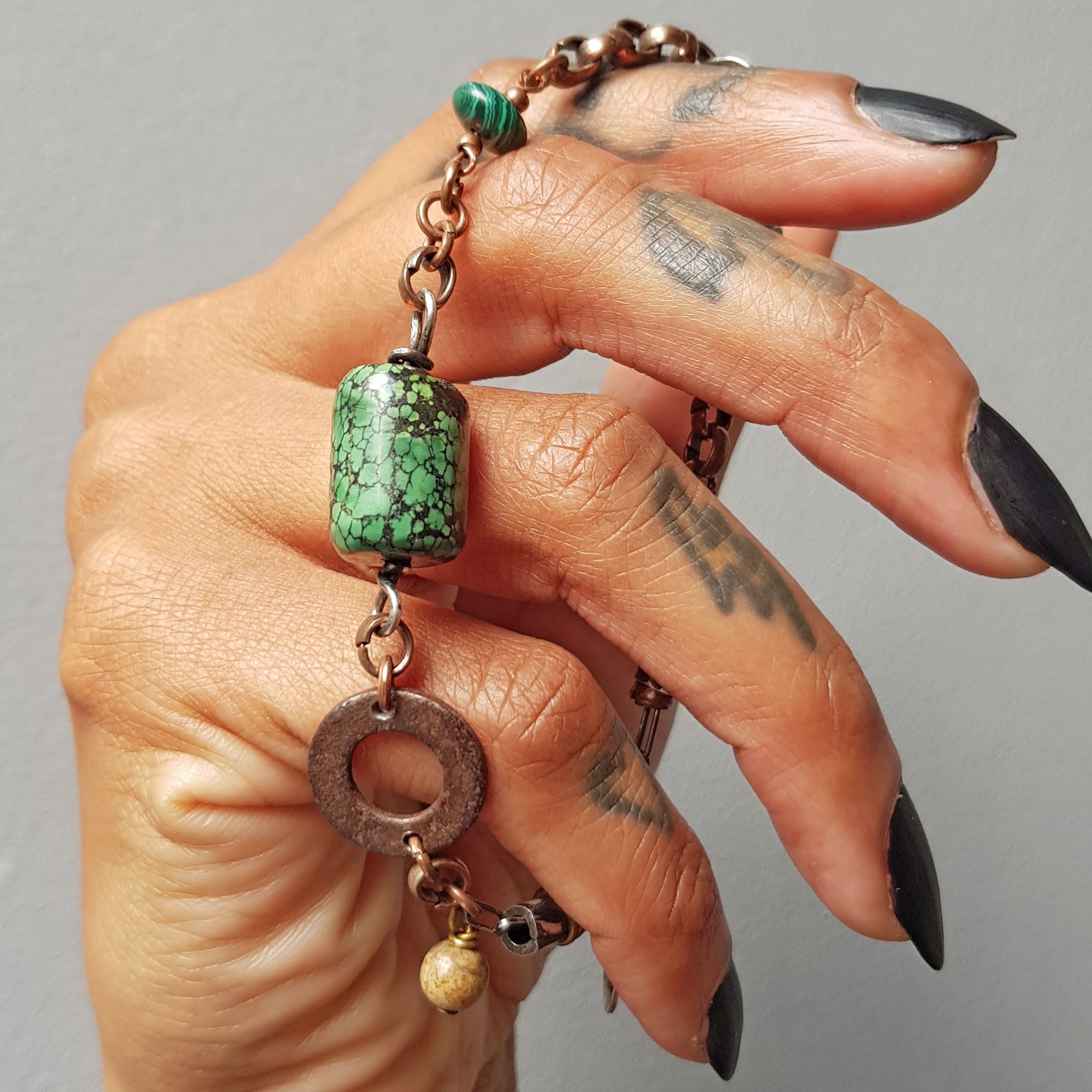 turquoise bead bracelet,with copper, brass, sterling silver and silver lobster clasp, handmade roff