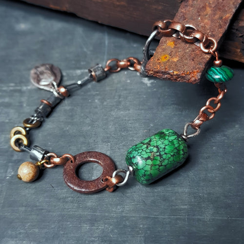 Mixed metal bracelet with jasper beads, malachite beads, turquoise bead, hgandmade by roff jewellery