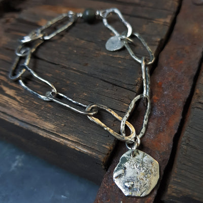 sterling silver bracelet, handmade hammered silver links, lobster clasp, by roff jewellery