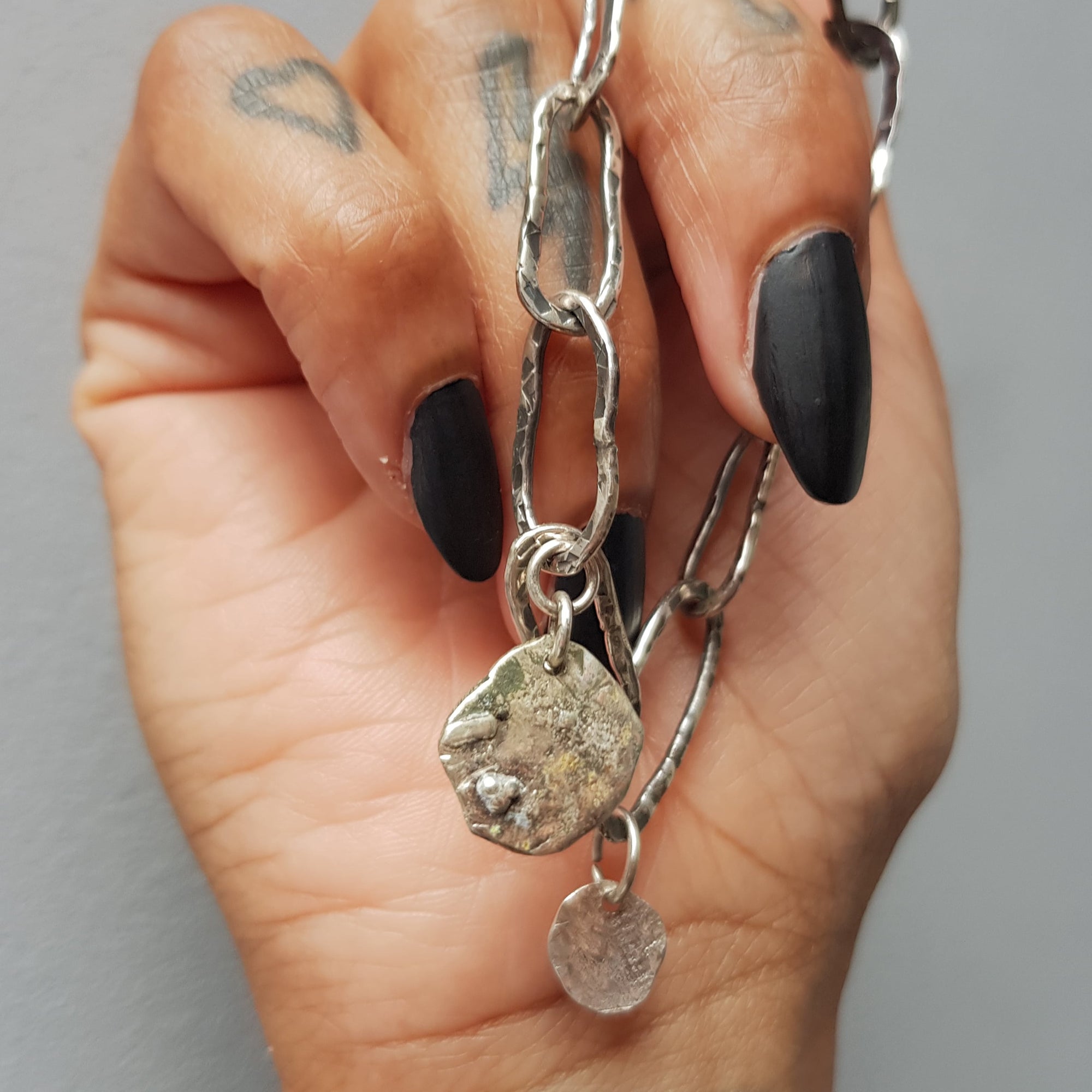 Organic silver moss agate bracelet,unisex, large silver links & charms, handforged by roff jewellery