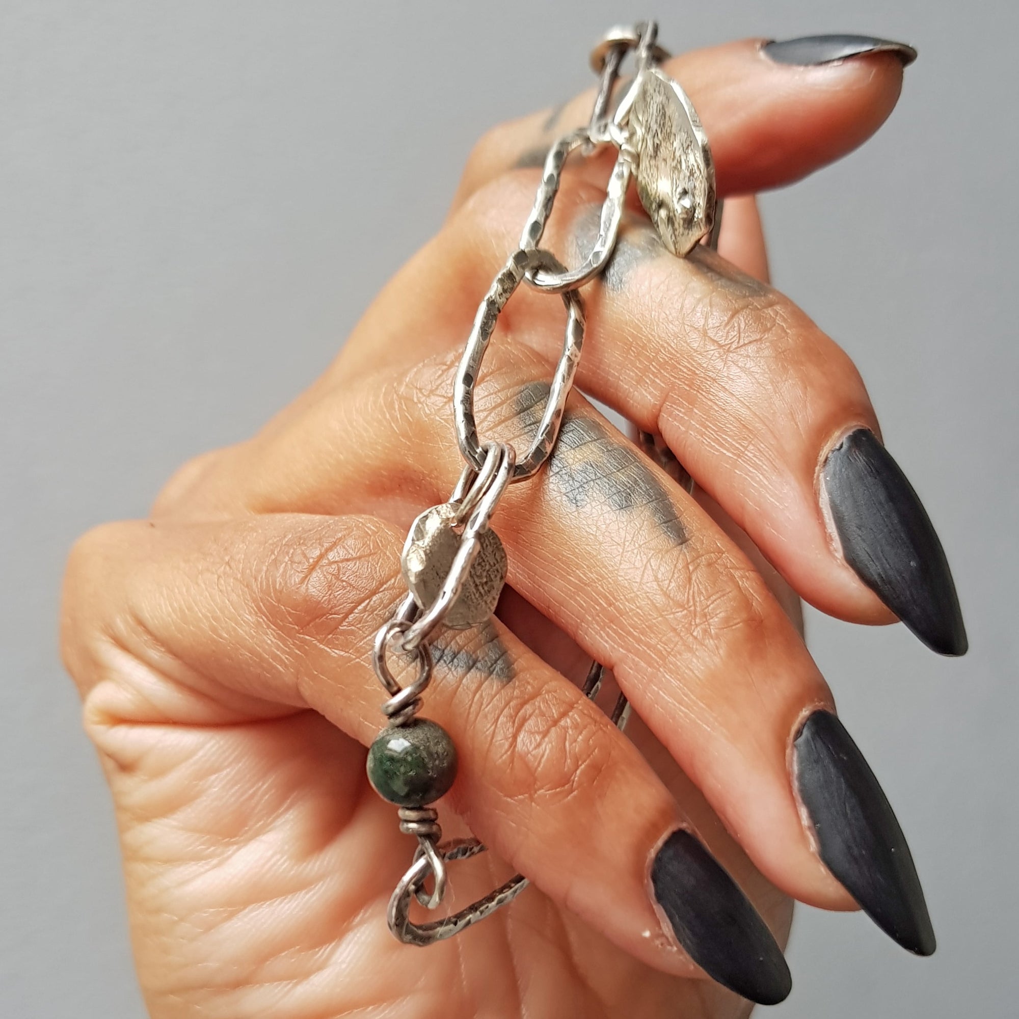 Handmade silver bracelet, hammered links, oxidized silver and moss agate bead, by roff jewellery