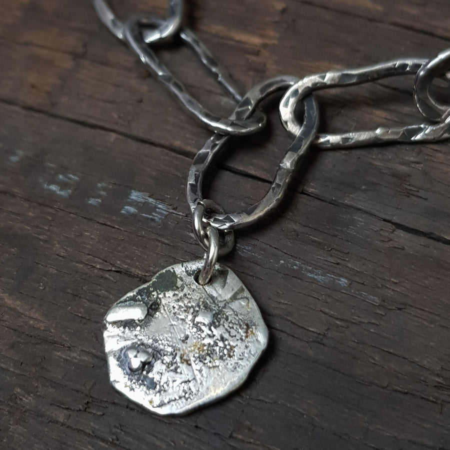 Sterling silver charm bracelet with handmade hammered and oxidized silver links,handmade by roff