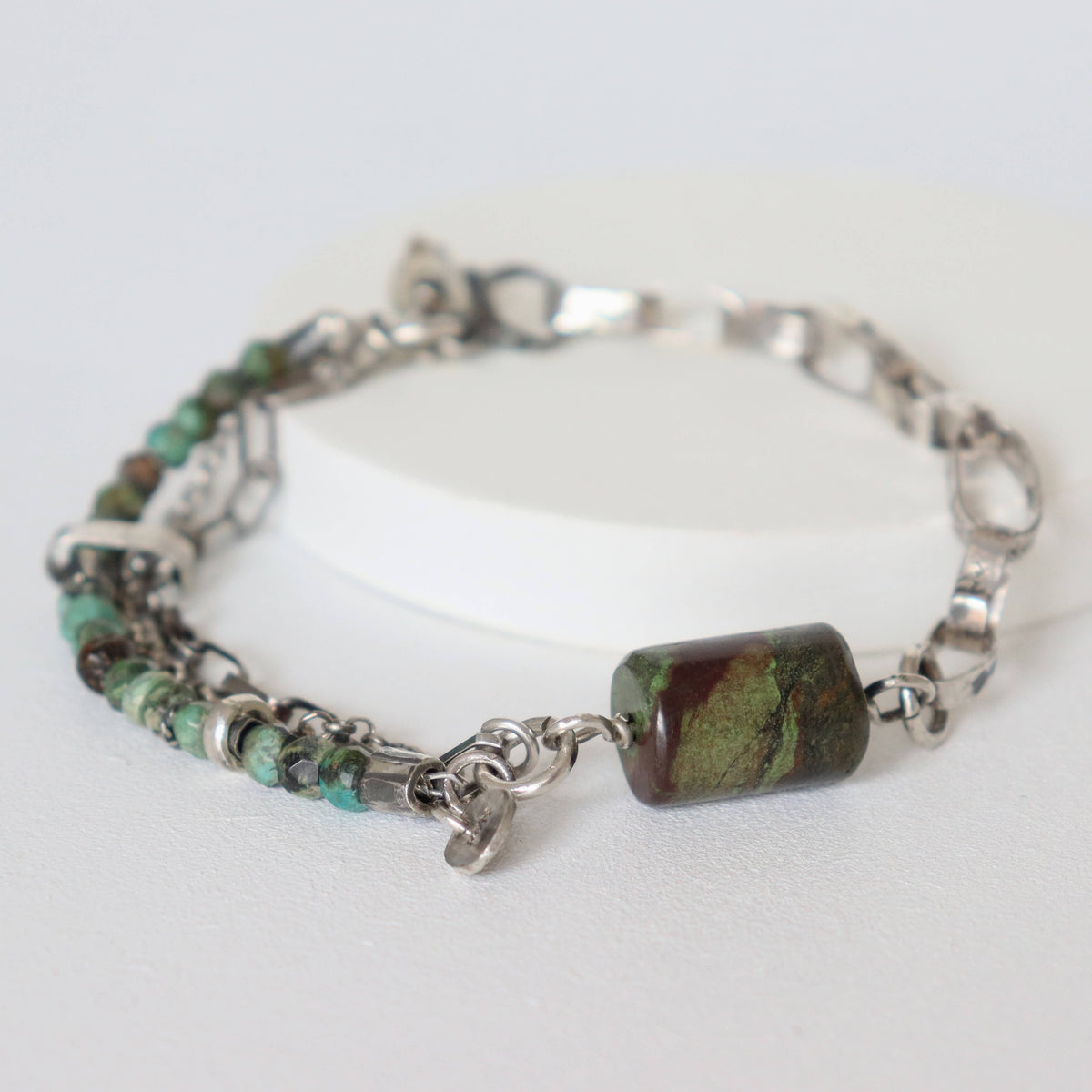 great boho bracelet, handmade silver links, facetted turquoise beads and rough amber beads