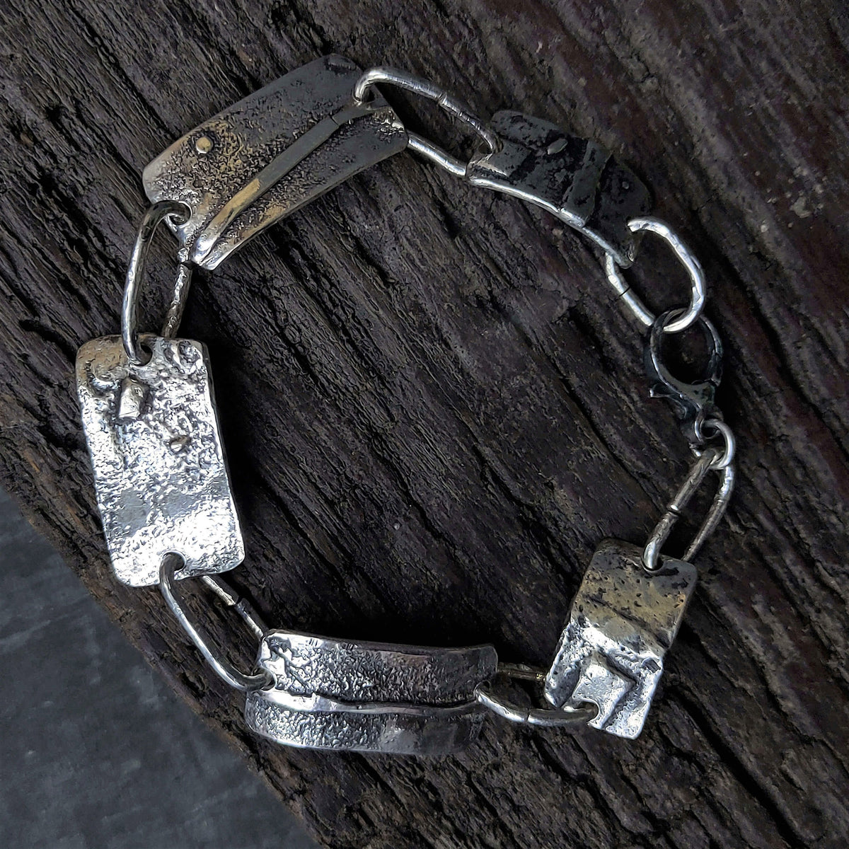 reticulated silver bracelet, unisex, hammered silver links, oxidized, handmade by roffjewellery.com