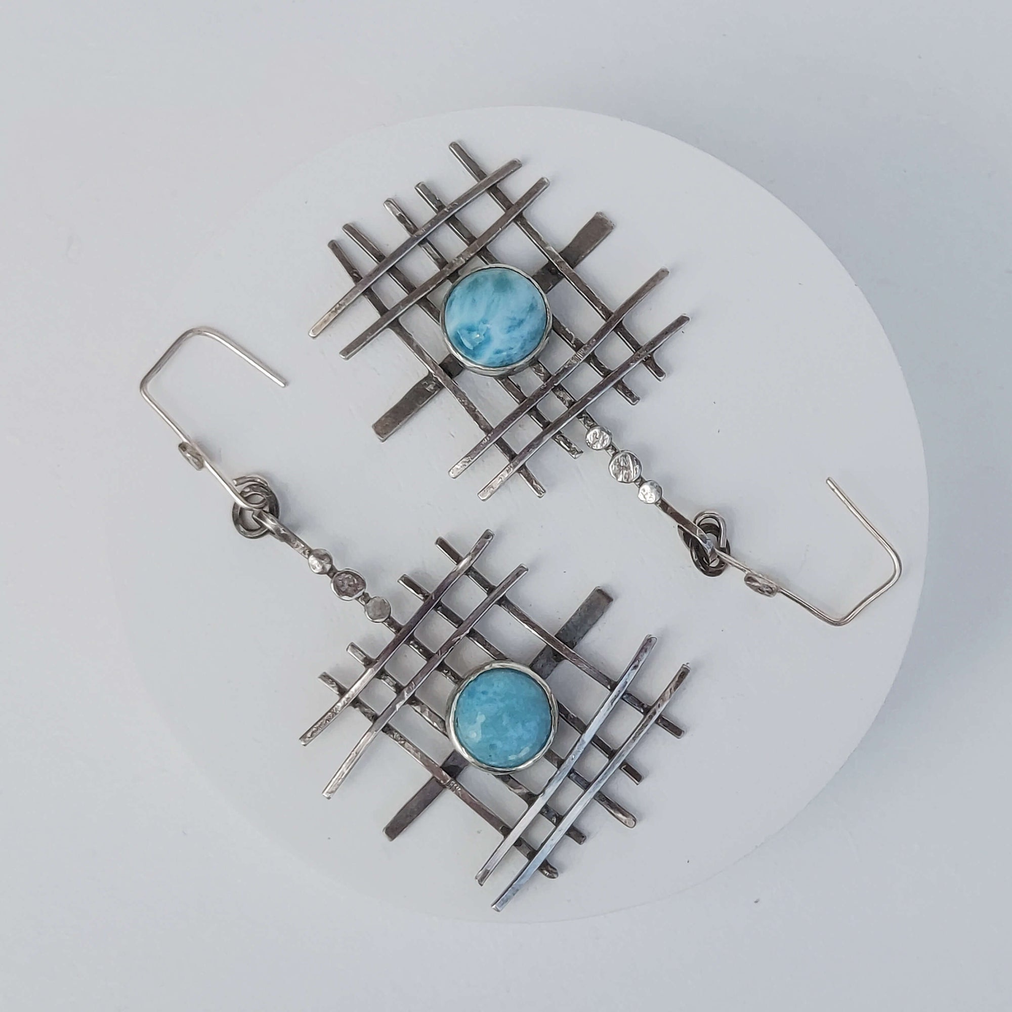 rustic modern earrings, silver handmade drop earrings with larimar by roffjewellery.com