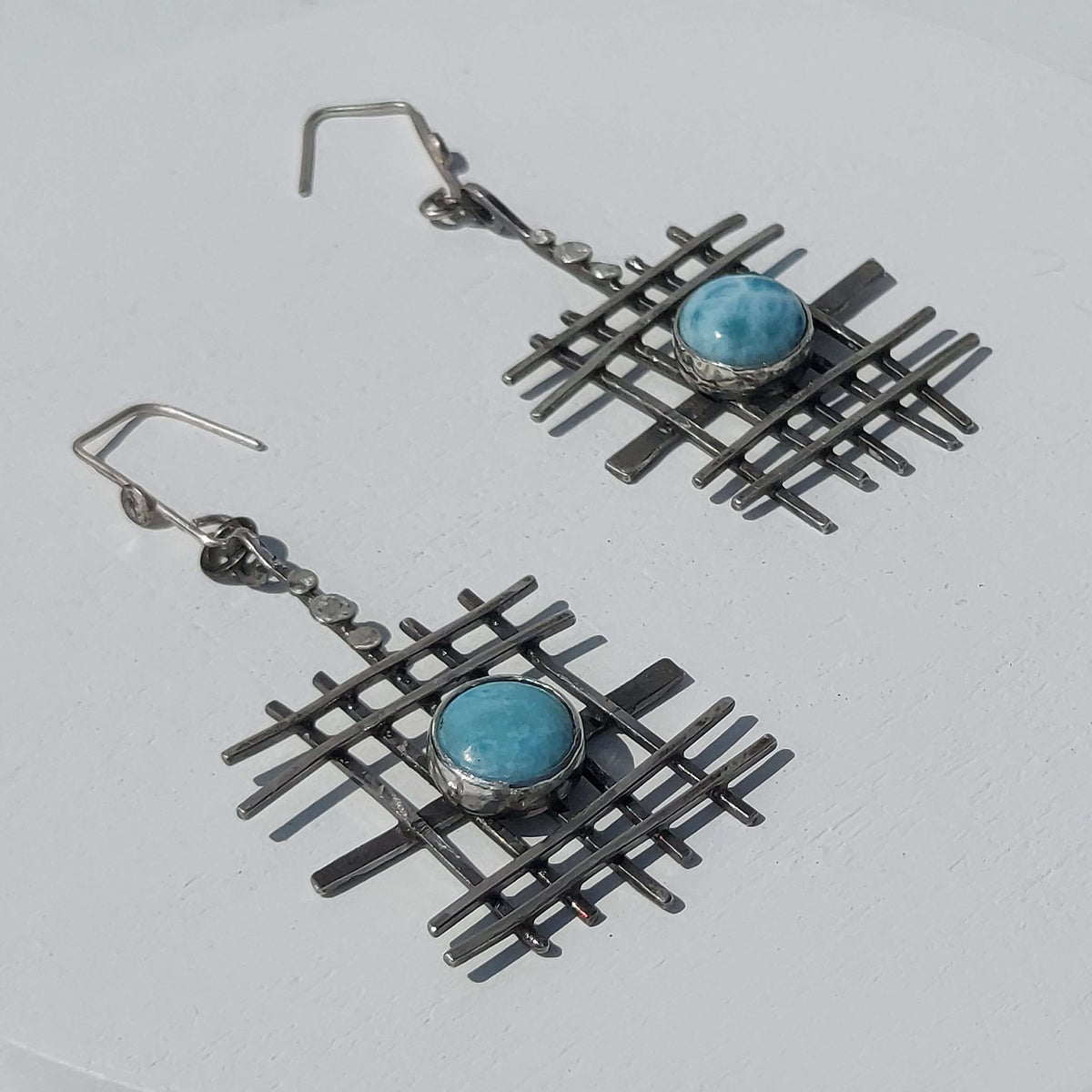 Square grit earrings with round larimar gemstones. Handcrafted silver earrings by roff jewellery