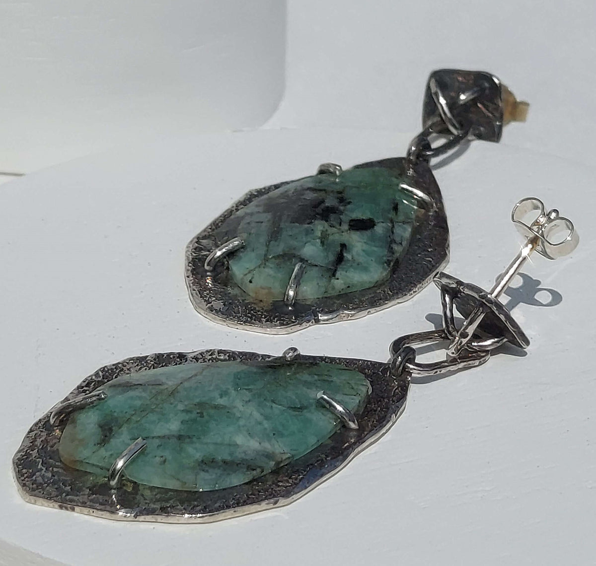 rough emerald jewelry, large gemstone earrings, handmade by roffjewellery.com. dangle earrings