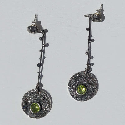 rough silver earrings with green stone hand fabricated earrings in organic style by roff jewellery