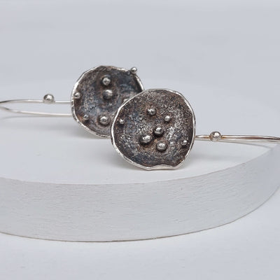 bohemian earrings, silver dangle earrings, dark texture and smooth silver, by roffjewellery.com