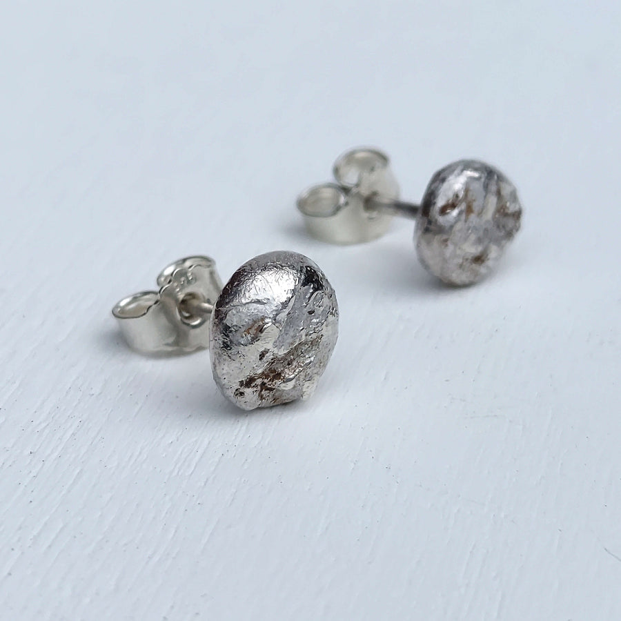 rustic silver earrings, rough silver texture, silver post earrings, handmade by roff jewellery