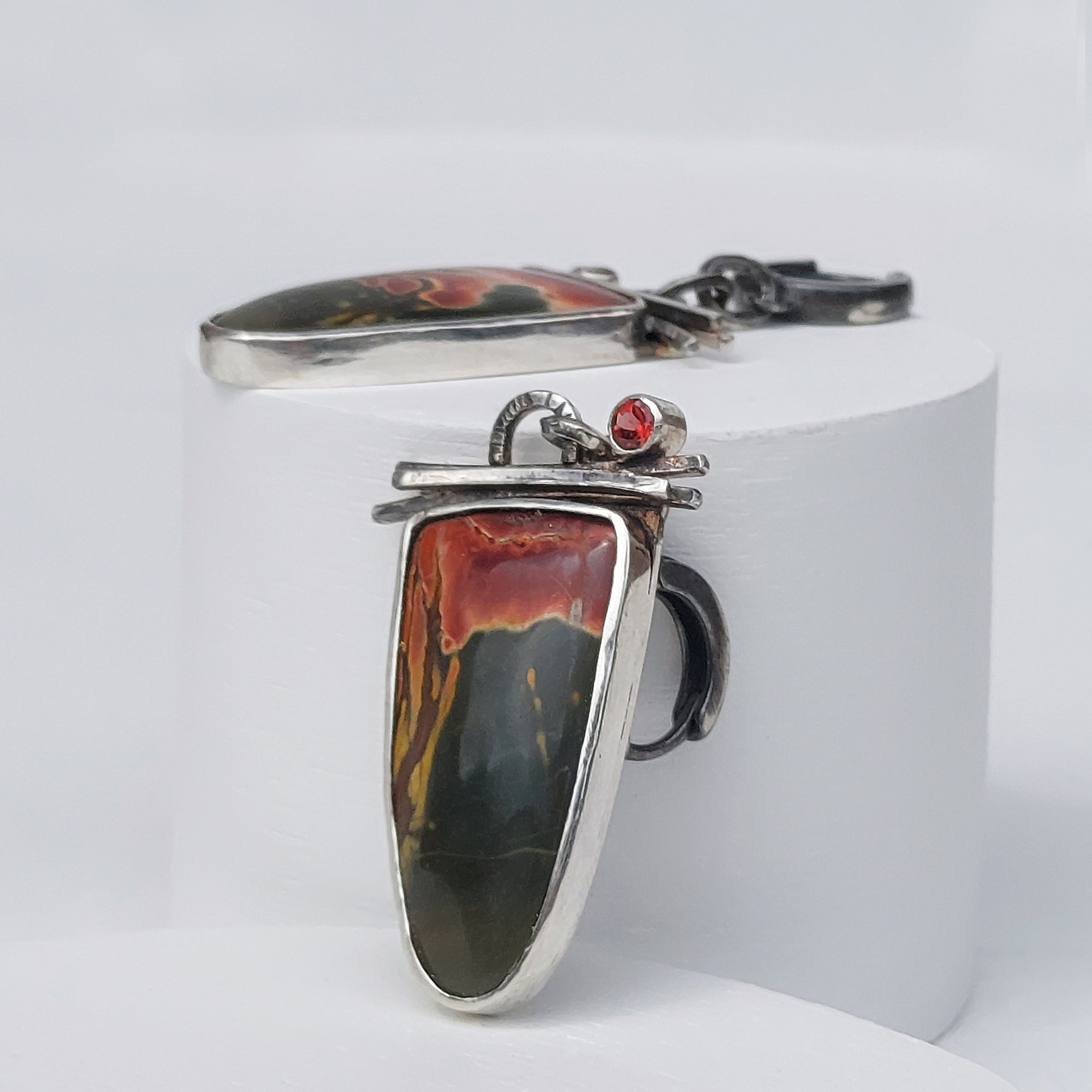 remarkable handmade earrings, hot rod earrings with jasper and garnet, statement earrings by roff