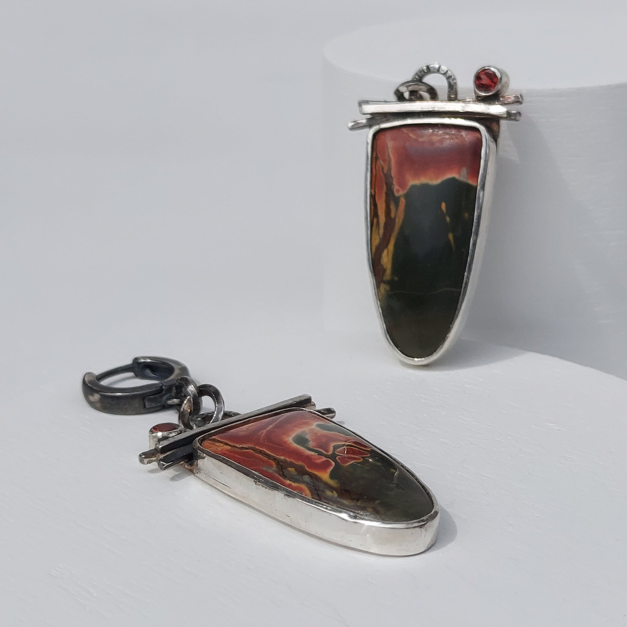 remarkable handmade earrings, hot rod earrings with jasper and garnet, statement earrings by roff